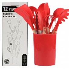 Кухонный набор 11 предметов + ваза Силикон и дерево 12 Piece Silicone Kitchen Set Красный MG201001-Крас 