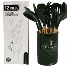 Кухонный набор 11 предметов + ваза Силикон и дерево 12 Piece Silicone Kitchen Темный Зеленый