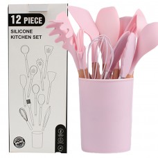 Кухонный набор 11 предметов + ваза Силикон и дерево 12 Piece Silicone Kitchen Set Розовый MG201001-Роз 