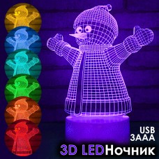3D Ночник LED Светильник 3 режима 8 цветов Снеговик USB 3xAAA Creative 3D Visualization lamp