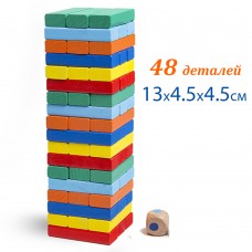 Мини Настольная Деревянная игра Башня Разноцветная Дженга с кубиком 48 деталей 13х4.5х4.5 см Wooden Toys WT-2305-11