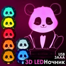 3D Ночник LED Светильник 3 режима 8 цветов Панда USB 3xAAA Creative 3D Visualization lamp