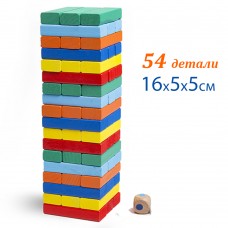 Настольная Деревянная игра Башня Разноцветная Дженга с кубиком 54 детали 16х5х5 см Wooden Toys WT-2305-12