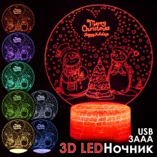 3D Ночник LED Светильник 3 режима 8 цветов Снеговики Merry Christmas USB 3xAAA Creative 3D Visualization lamp